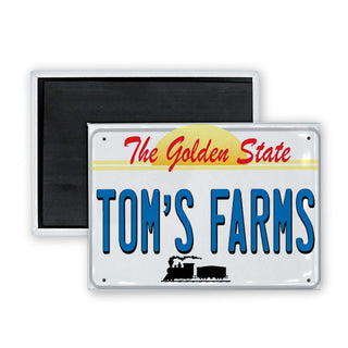 Toms Farms   Toms Farms The Golden State License Plate Rectangle Badge Magnet