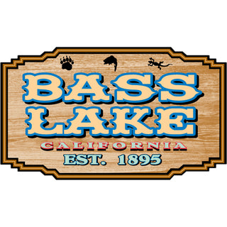 Bass Lake  California   Wood Icon Sign with Paw  Fish  Lizard Sticker