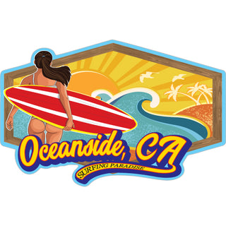 Oceanside  CA   Surfer Girl Wood Frame Sticker