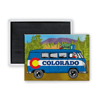 Colorado   Flag Bus Side View with Camping Gear Rectangle Badge Magnet