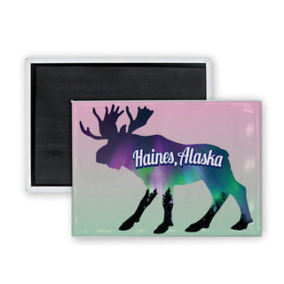Haines Alaska   Moose with Northern Lights Rectangle Badge Magnet