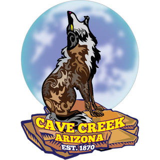 Cave Creek  Arizona est. 1870   Big Moon Coyote Sticker