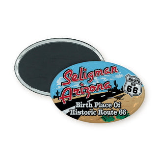Seligman AZ   Desert Highway Birth Place of Historic Route 66 Oval Badge Magnet