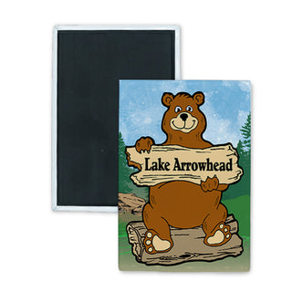 Lake Arrowhead   Log Bear Holding Sign Rectangle Badge Magnet