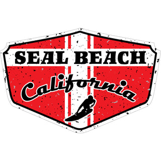 Seal Beach  California   Red Distressed Surfer Shield Sticker