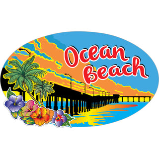 Ocean Beach CA Pier Flowers Palms Oval Sticker