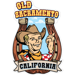 Old Sacramento California Horsehoe Cowboy Thumb Pointing Sticker