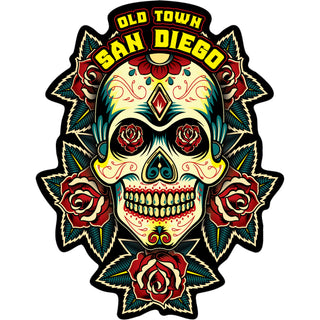 Old Town San Diego   Traditional Skull with Roses Sticker