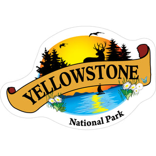 Yellowstone National Park   Lake & Pines Trees Scroll Banner Sticker