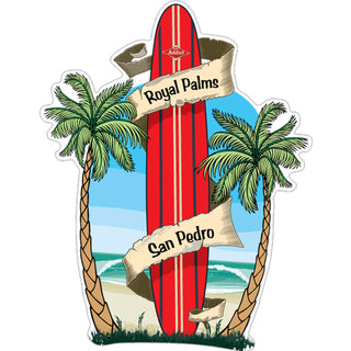 ROYAL PALMS SAN PEDRO   Standing Red Surfboard Sticker