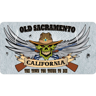 Old Sacramento  California Skull with Rifles and Wings Sticker