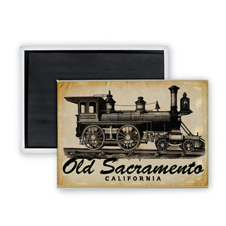 Old Sacramento California   Steam Engine Parchment Rectangle Badge Magnet