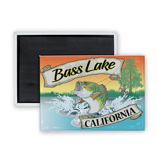 Bass Lake CA Bass Fishing with Banners Rectangle Badge Magnet