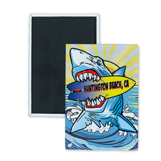 Huntington Beach  CA   Shark Chomping Surfboard Rectangle Badge Magnet