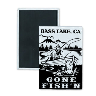 Bass Lake  CA   Vintage Gone Fishin Cartoon Rectangle Badge Magnet