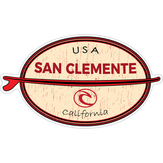 San Clemente  California Wood Grain Oval With Surfboard Sticker