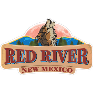 Red River  New Mexico   Wolf Howling Moon Wood Sign Sticker
