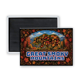 Great Smoky Mountains   Walking Bear Filled with Fall Leaves Rectangle Badge Magnet