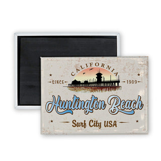 Huntington Beach  California   Vintage Pier Silhouette Rectangle Badge Magnet