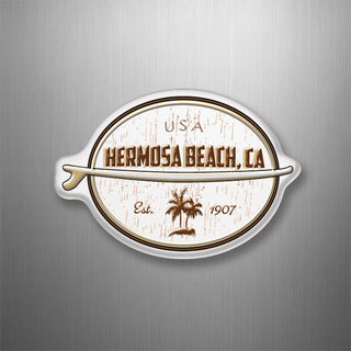 Hermosa Beach  CA   Coastal Wood Grain Oval with Surfboard 3D Magnet