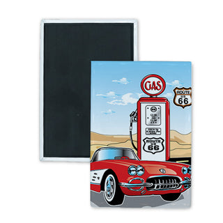 Route 66   Red Corvette Gas Pump Rectangle Badge Magnet