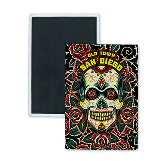 Old Town San Diego   Traditional Skull with Roses Rectangle Badge Magnet