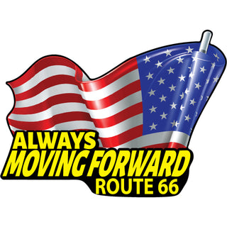 route 66   Always Moving Forward American Flag Route 66   Postcard Sized Sticker Sticker