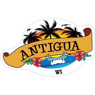 Antigua  WI   Wave & Palm Trees Scroll Banner Sticker