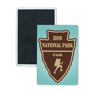 Zion National Park Utah   Hiker Silhouette Arrowhead Rectangle Badge Magnet