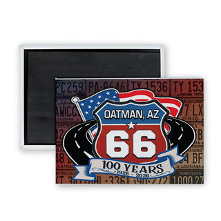 Oatman  AZ   Red and Blue Shield with Curved Roads & Flag Rectangle Badge Magnet