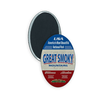 Great Smoky Mountains   Wide Vert Oval Blue Tan Red Oval Badge Magnet