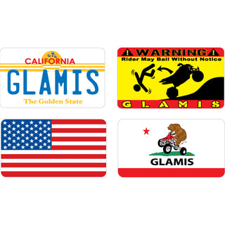 GLAMIS LICENSE PLATE AND AMERICAN FLAG AND CA FLAG Sticker