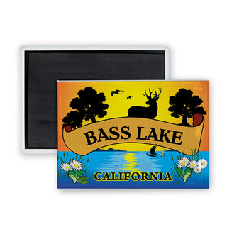 Bass Lake  California   Lake and Oak Trees Scroll Rectangle Badge Magnet