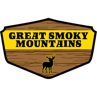 Great Smoky Mountains   Deer on wood grain shield Sticker