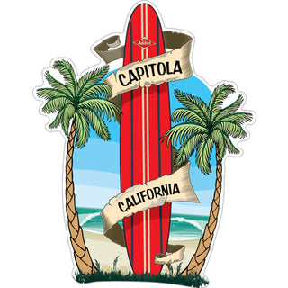Capitola  California   Standing Red Surfboard Sticker