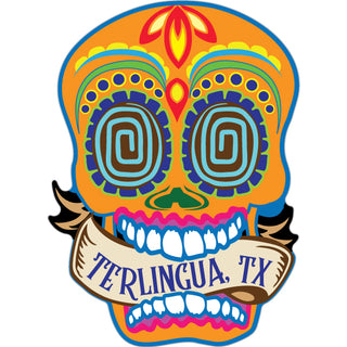 Terlingua  TX   Orange Sugar Skull Banner in Teeth Sticker