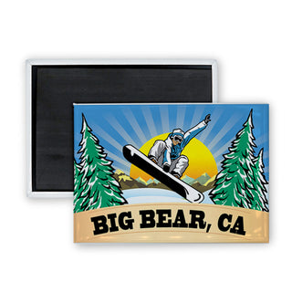Big Bear CA Snowboarder on Circle with Banner Rectangle Badge Magnet