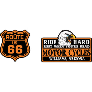 Williams AZ Route 66 2 Up Orange Shield and Ride Hard Sign Sticker