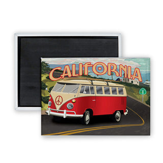 California Vintage Red Bus PCH 1 (00829) Rectangle Badge Magnet
