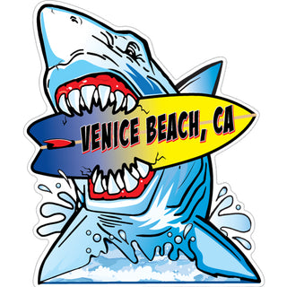 Venice Beach CA   Shark Chomping Surfboard Looking Over Sticker