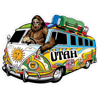 Utah   Bigfoot Driving Hippie Van Bus Sticker