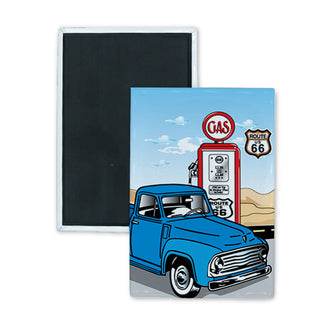 Route 66   Blue Pickup Gas Pump Rectangle Badge Magnet