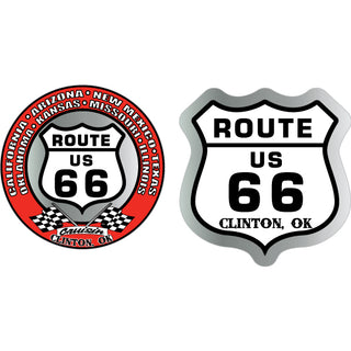 Clinton OK   ROUTE 66 Red Circle & Black White Shield 2 Up Sticker