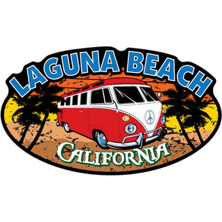 Laguna Beach California Red Bus Corner View Oval Sticker
