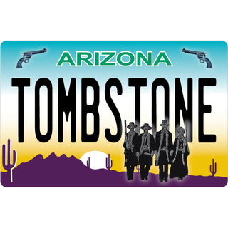 Tombstone AZ License Plate with Gunfighters and Pistols Sticker