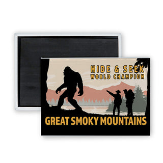 Great Smoky Mountains Bigfoot Hide and Seek Landscape Silhouettes Rectangle Badge Magnet