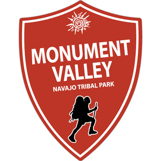 Monument Valley Navajo Tribal Park   Brick Red Hiker Silhouette Shield Sticker