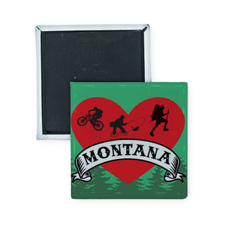 Montana   Biker Hiker Fisher Heart With Banner Square Badge Magnet