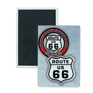 Route 66   Red Circle and Shield Rectangle Badge Magnet