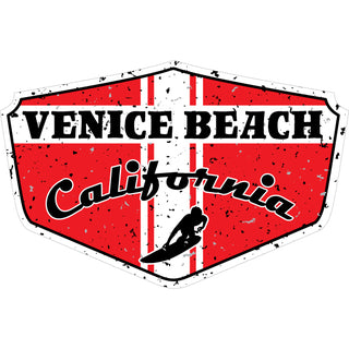 Venice Beach  California   Red Distressed Surfer Shield Sticker